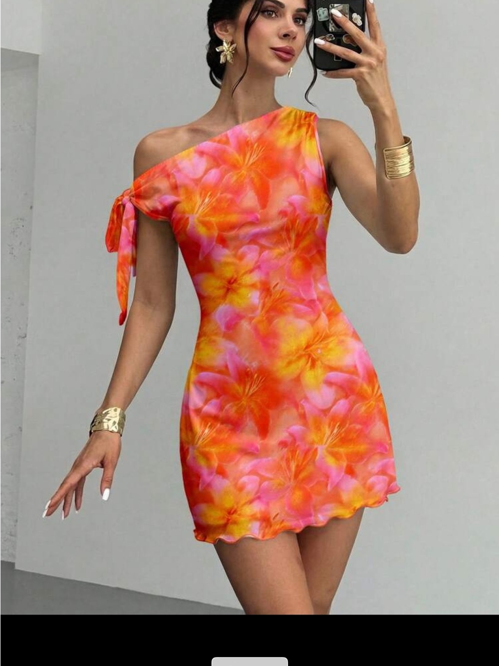 One-Shoulder Orange Floral Mini Dress